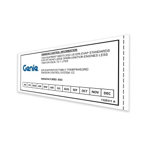 Genie Lift Part # 1320311GT - DECAL, EVAP EMISSIONS, EPA CERT 2022, EA
