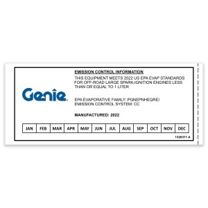Genie Lift Part # 1320311GT - DECAL, EVAP EMISSIONS, EPA CERT 2022, EA