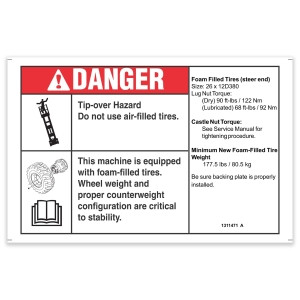 Genie Lift Part # 1311471GT - DECAL,DANGER,TIP, GS69 FOAM FILLED, FRONT, EA