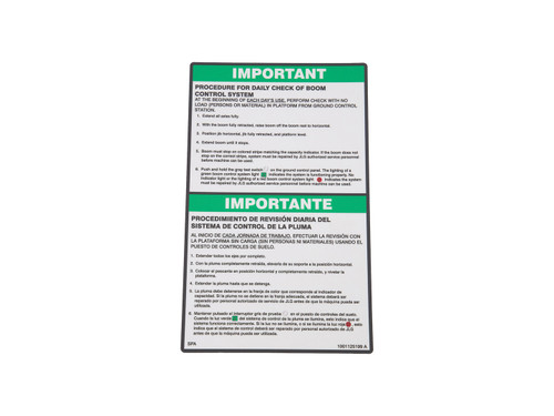 JLG Part # 1001125199 | DECAL,BCS DAILY CHK (ENG,SPA), EA