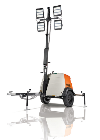 Generac 6kW Towable Diesel Light Tower features a vertical mast with integrated G4 LED lights, designed for powerful and efficient illumination at job sites.