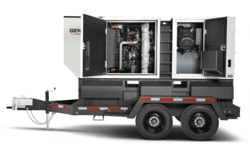 A powerful Generac mobile diesel generator mounted on a tandem axle trailer, equipped with a 6.8L turbocharged John Deere Final Tier 4 engine and sound-attenuated aluminum cabinet.