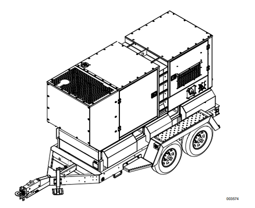 Top view of the Generac skid-mounted mobile generator, highlighting the accessible wide doors, rust-proof aluminum enclosure, and trailer-ready tandem axle frame.