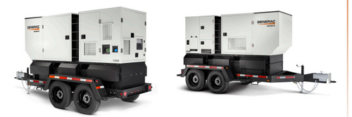 Generac mobile diesel generator showcasing its tandem axle trailer configuration, built for smooth transport and enhanced durability on uneven terrain.