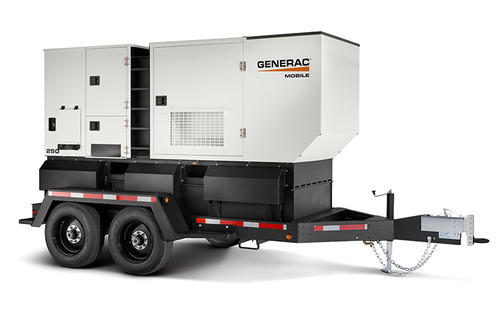 Front view of the Generac MDG250DF4-STD3 mobile diesel generator mounted on a tandem axle trailer, showcasing the robust sound-attenuated, rust-proof aluminum enclosure and the Deep Sea® DSE7310 controller interface.