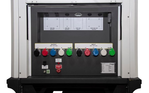 A rear perspective of the Generac Mobile BESS, displaying the power connections, cooling components, and buck transformer, designed to handle 120/240V output in both single and three-phase configurations.