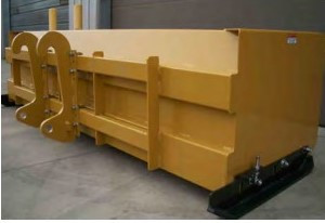 Close-up of Haugen MT-SP02 Snow Pusher showing the Bolt-On Mount System, designed for easy attachment to wheel loaders.