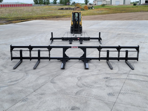 Haugen MDH-144-FS Fork Spreader THE DOOHICKEE for telehandlers featuring a 92-inch base unit, 12-foot spread, adjustable fork pockets, swing or non-swing fork tines, and a 10,000 lb lifting capacity.