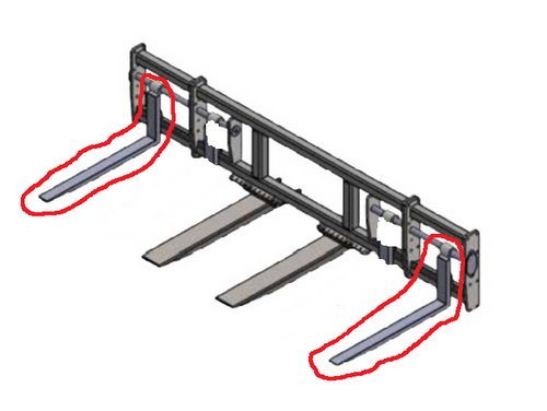 Haugen FT-DH01 2x4x48" fork tines for Fork Spreader THE DOOHICKEE on telehandlers and forklifts, compatible with both swinging and non-swinging configurations.
