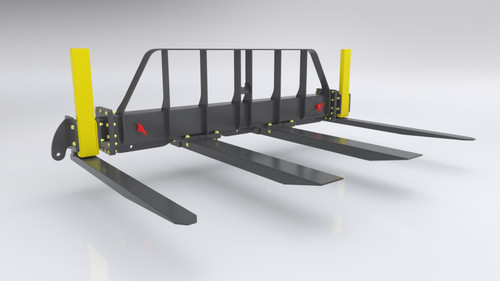 A side view of the Haugen MDH-812-48 Fork Spreader THE DOOHICKEE JR, highlighting its 8 to 12-foot adjustable fork spreader capability, ideal for lifting oversized loads like lumber, pipes, and steel beams. A side view of the Haugen MDH-812-48 Fork Spreader THE DOOHICKEE JR, highlighting its 8 to 12-foot adjustable fork spreader capability, ideal for lifting oversized loads like lumber, pipes, and steel beams.