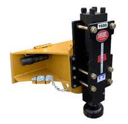 A front view of the Haugen PD-1600-EX Post Driver, showcasing its blank excavator mount and dome head. A front view of the Haugen PD-1600-EX Post Driver, showcasing its blank excavator mount and dome head.