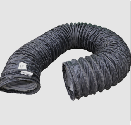 Side view of the 12” x 25’ grey supply ductwork showing the full length of the flexible material.