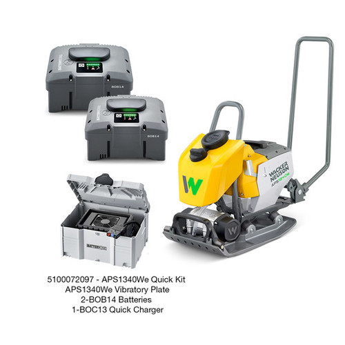 Outfitted with two BOB14 batteries and a BOC13 quick charger, this electric plate compactor offers cordless, zero-emission operation ideal for indoor or urban job sites.
