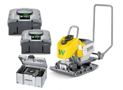 The Wacker Neuson APS1550WE vibratory plate compactor shown in the image features a sleek, heavy-duty electric design with an integrated water tank for optimal dust control during asphalt and soil compaction. 