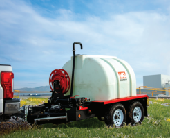 Full view of the Multiquip WT8CHR 800-gallon water trailer featuring the tank, hose reel, and heavy-duty trailer frame.