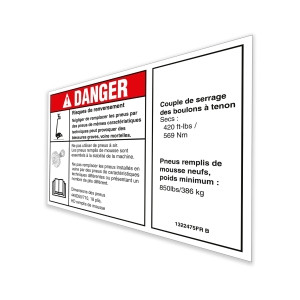 Genie Lift Part # 1322475FRGT | DECAL,DANGER/NOTICE,TIRESPECS,SX180,SX150,SX135,SX125XC, EA