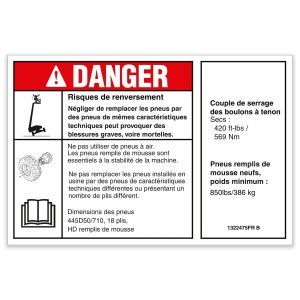 Genie Lift Part # 1322475FRGT | DECAL,DANGER/NOTICE,TIRESPECS,SX180,SX150,SX135,SX125XC, EA
