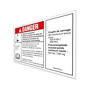 Genie Lift Part # 1322477FRGT | DECAL,DANGER/NOTICE,TIRESPECS,SX105, EA