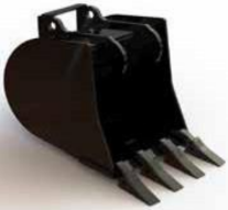 Haugen EXB-T18 18-Inch Tooth Mini Excavator Bucket shown with a rugged 18-inch tooth edge built for digging through compact soil, offering reliable performance for trenching and excavation tasks.
