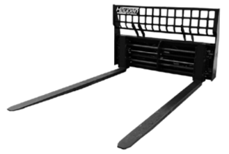 Skid steer hydraulic pallet fork attachment with 72-inch Class 3 fork tines, showing heavy-duty steel construction and reinforced frame for lifting up to 10,000 lbs.