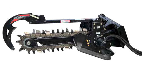 The image shows the Haugen HTM-36x6C Mini/Walk Behind Skid Steer Trencher with a combo chain and adjustable foot, positioned for trenching on clean ground.