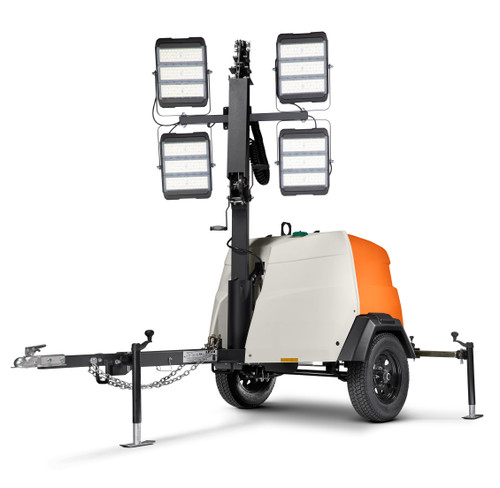 Close-up of the LED light heads, emphasizing high-efficiency lighting, long lifespan, and bright, uniform coverage for construction and outdoor use.