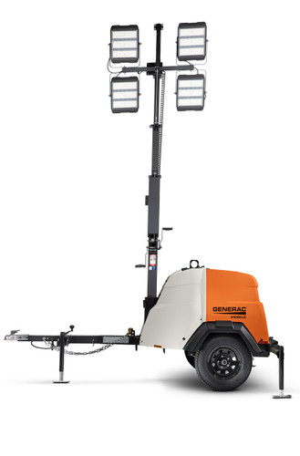 The light tower is positioned on rugged terrain, emphasizing stability, weather resistance, and dependable performance in demanding job site conditions.