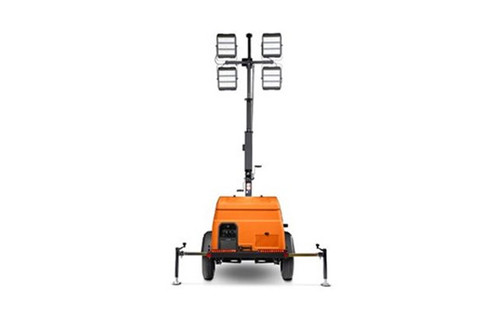 The light tower in transport mode, demonstrating easy towing capability and quick deployment for job sites and emergency lighting needs.