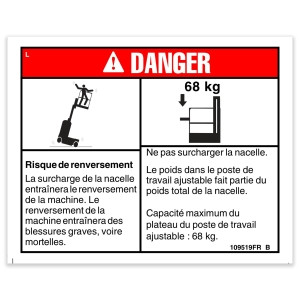 Genie Lift Part # 109519FRGT - DECAL,DANGER,MAX CAP ADJ TRAY, EA