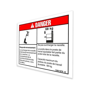 Genie Lift Part # 109519FRGT - DECAL,DANGER,MAX CAP ADJ TRAY, EA