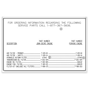 Genie Lift Part # 117257GT - DECAL,FILTER GUIDE,JD&PERKINS, EA