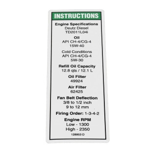 Genie Lift Part # 128953GT - DECAL,ENGINE SPEC,DEUTZ,TD2011, EA
