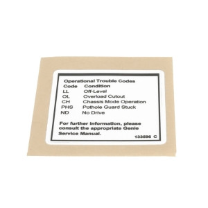 Genie Lift Part # 133596GT - DECAL,LABEL,FAULT CODES, EA
