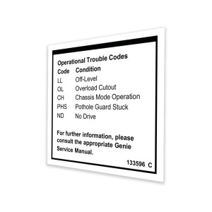 Genie Lift Part # 133596GT - DECAL,LABEL,FAULT CODES, EA