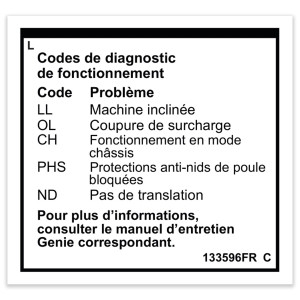 Genie Lift Part # 133596FRGT - DECAL,LABEL,FAULT CODES, EA