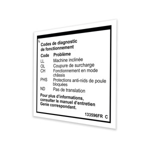 Genie Lift Part # 133596FRGT - DECAL,LABEL,FAULT CODES, EA