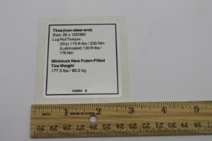Genie Lift Part # 230804GT - DECAL,NOTICE,TIRE SPECS, REAR, EA