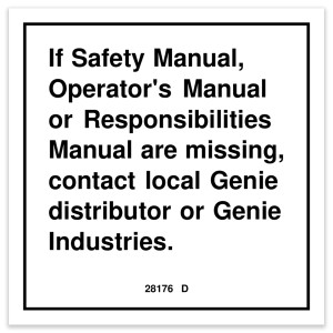 Genie Lift Part # 28176GT - DECAL,LABEL,MANUAL NOT HERE, EA