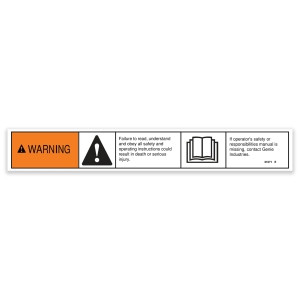 Genie Lift Part # 31071GT - DECAL,WARNING,FAILURE TO READ, EA