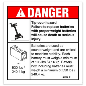 Genie Lift Part # 31787GT - DECAL,DANGER,TIP-OVER BATTERY, EA