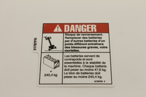 Genie Lift Part # 31787FRGT - DECAL,DANGER,TIP-OVER BATTERY, EA
