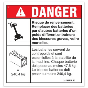 Genie Lift Part # 31787FRGT - DECAL,DANGER,TIP-OVER BATTERY, EA