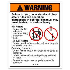 Genie Lift Part # 32718GT - DECAL,WARNING FLAT FORK SAFETY, EA