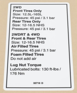 Genie Lift Part # 32719GT - DECAL,NOTICE, TIRE PRESSURE, EA