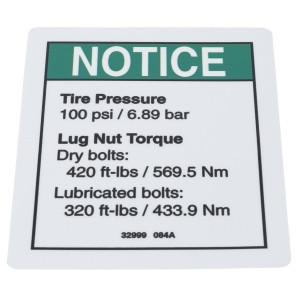 Genie Lift Part # 32999GT - DECAL,NOTICE,TIRE PRESSURE***, EA