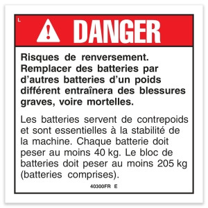 Genie Lift Part # 40300FRGT - DECAL,DANGER,TIP-OVER BATTERY, EA