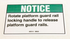 Genie Lift Part # 40514GT - DECAL,NOTICE,GUARD RAIL HANDLE, EA