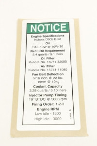 Genie Lift Part # 43614GT - DECAL,NOTICE,KUBOTA DIE.SPECS, EA