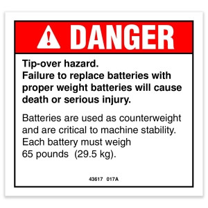 Genie Lift Part # 43617GT - DECAL,DANGER,TIP-OVER,BATTERY, EA