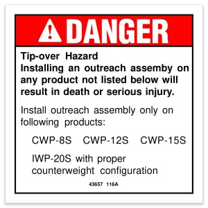 Genie Lift Part # 43657GT - DECAL,DANGER,TIP-OVER,OUTREACH, EA